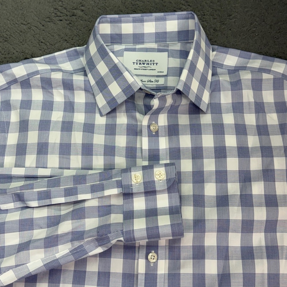 Charles Tyrwhitt Dress Shirt Mens 16/33 Blue White Gingham Non Iron Slim Fit